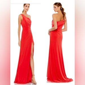 Mac Duggal 26163 One Shoulder Cherry Red Maxi Length Jersey Gown SZ 4 NEW